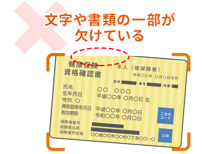 文字や書類の一部が欠けている