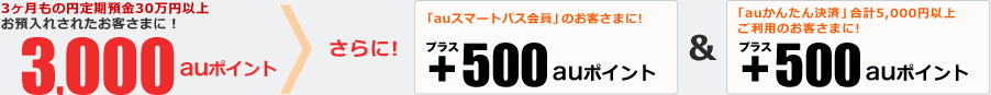 円定期預金を申込みされたお客さまに!3,000auポイント　さらに　「auスマートパス会員」のお客さまに!+500auポイント　「auかんたん決済」合計5,000円以上ご利用のお客さまに!+500auポイント